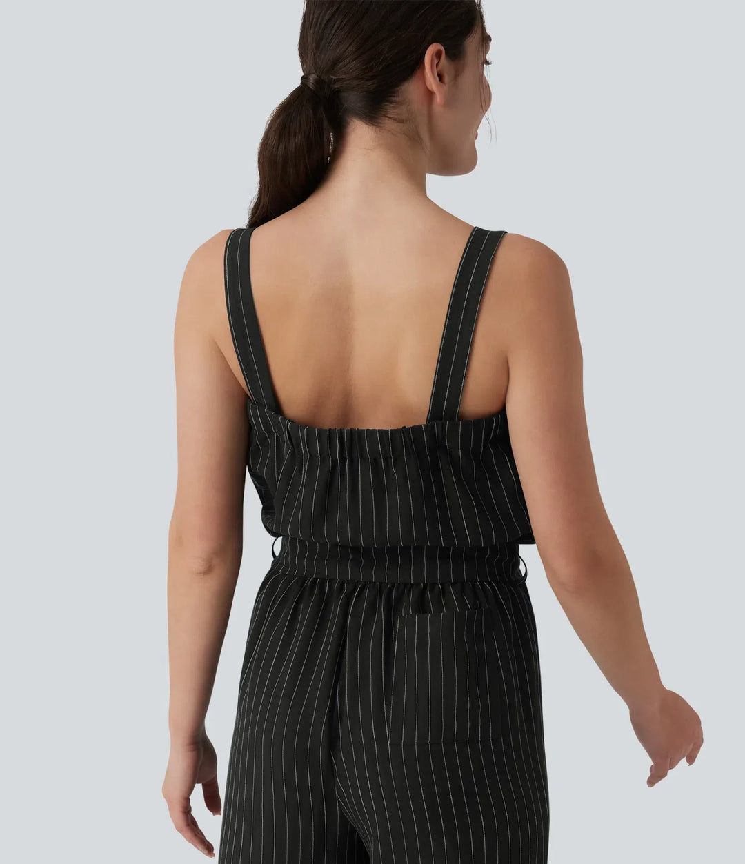 Square Neck Adjustable Straps Sleeveless Belted Stripes Casual Linen-Feel Jumpsuit with Pockets-Easy Peezy