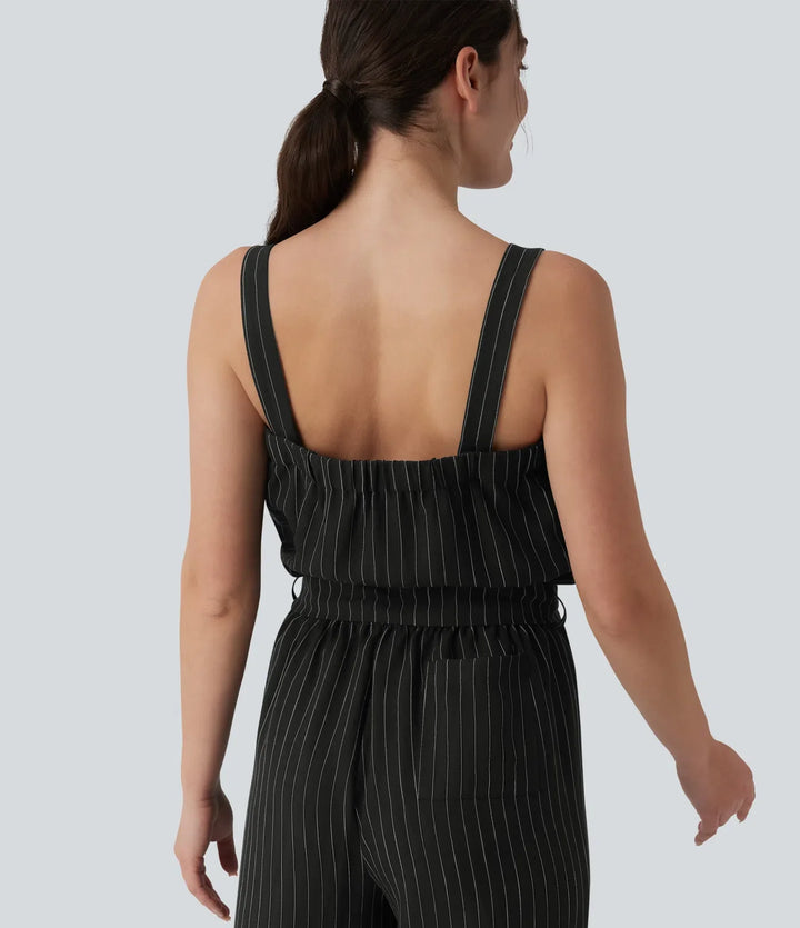 Square Neck Adjustable Straps Sleeveless Belted Stripes Casual Linen-Feel Jumpsuit with Pockets-Easy Peezy