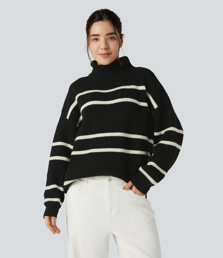 High Neck Long Sleeve Color Block Casual Jumper