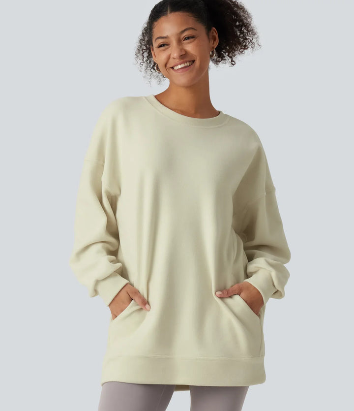 Round Neck Long Sleeve Crisscross Back Fleece Casual Sweatshirt with Pockets