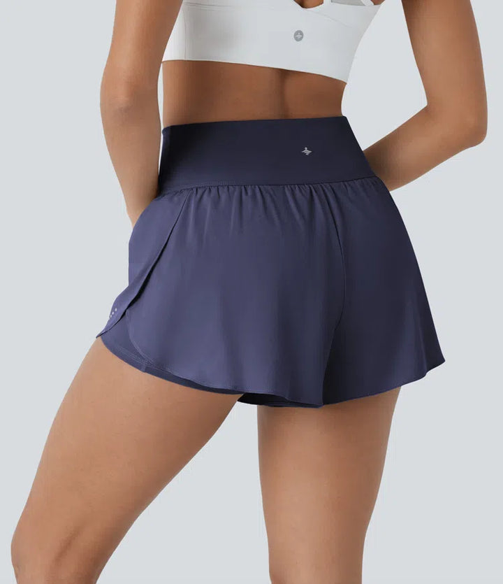 SoftlyZero QuickDry High Waisted Tummy Control Reflective Dots Crossover Hem 2-in-1 Running Shorts 3&