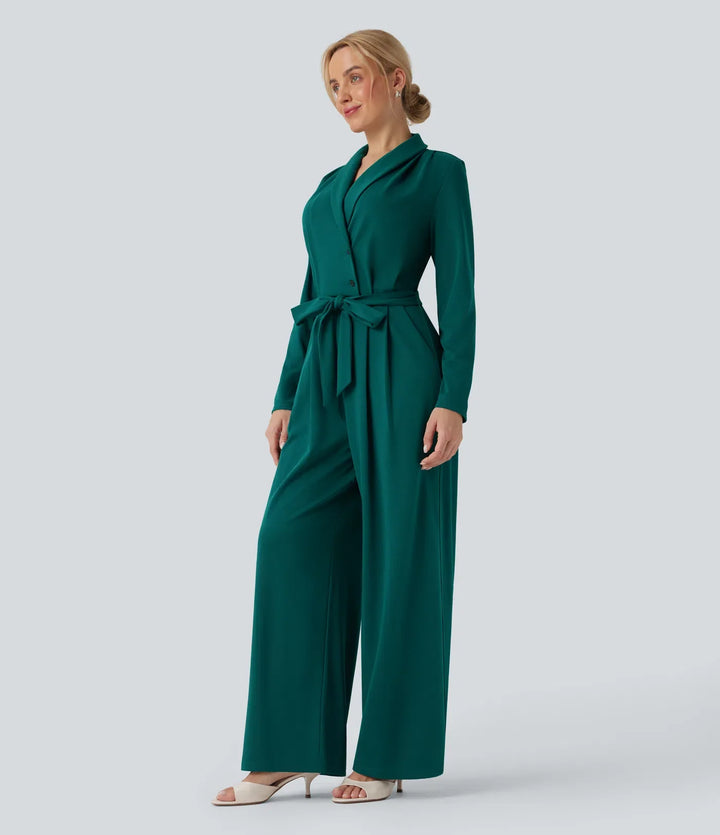 V-neck Long Sleeve Belted Jumpsuit with Pockets-Easy Peezy