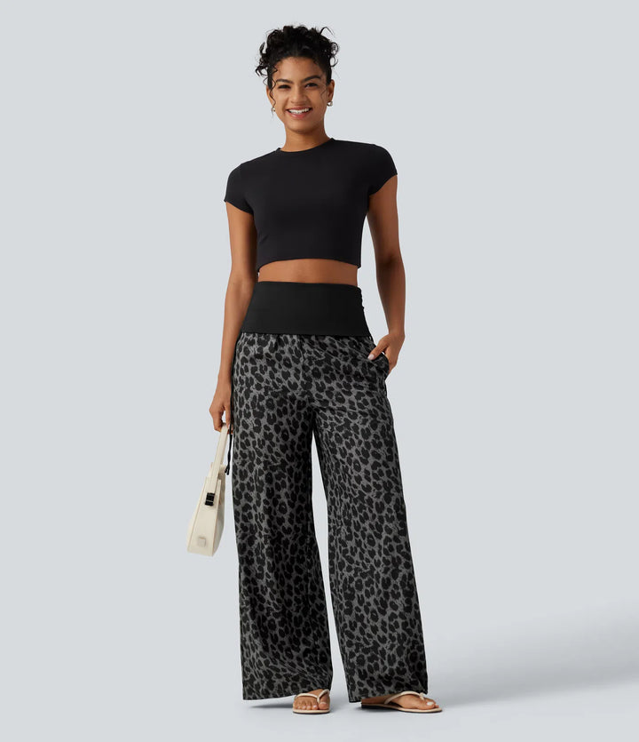 Foldover High Waisted Ruched Drawstring Baggy Leopard Print Casual Trousers with Pockets