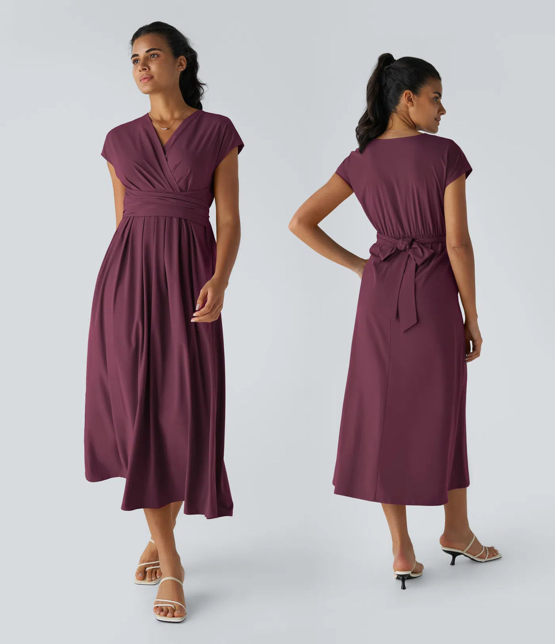 Breezeful V Neck Short Sleeve Pocket Tie Back Quick Dry Midi Casual Dress-Longer Length