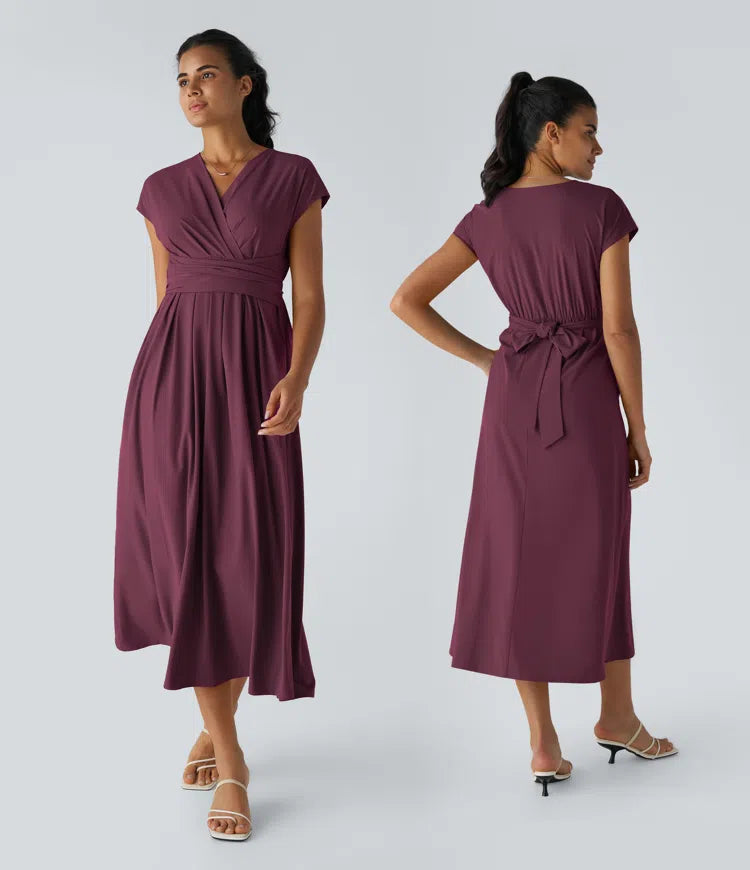 Breezeful V Neck Short Sleeve Pocket Tie Back Quick Dry Midi Casual Dress-Longer Length