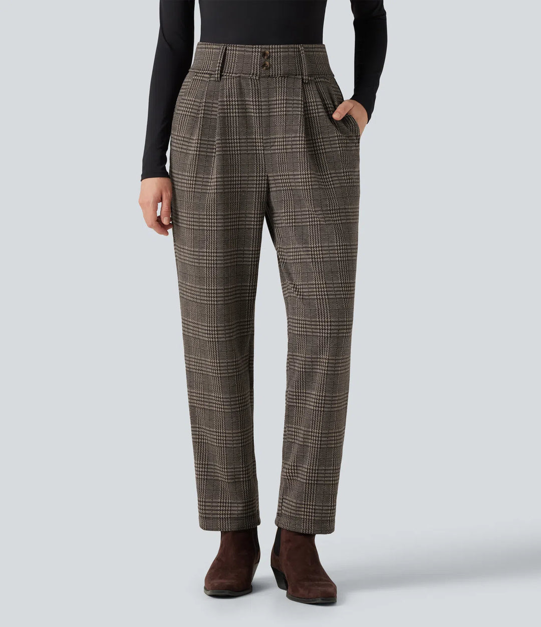 Halara Flex High Waisted Tapered Houndstooth Plaid Work Trousers with Pockets