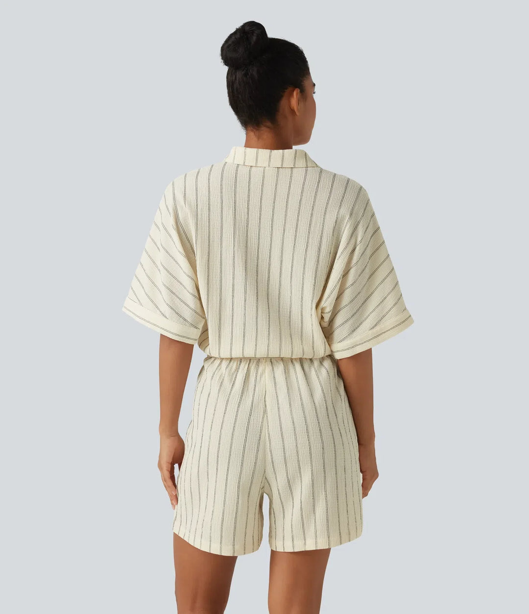 Collar Batwing Sleeve Tie Stripes Casual Romper with Pockets-Easy Peezy