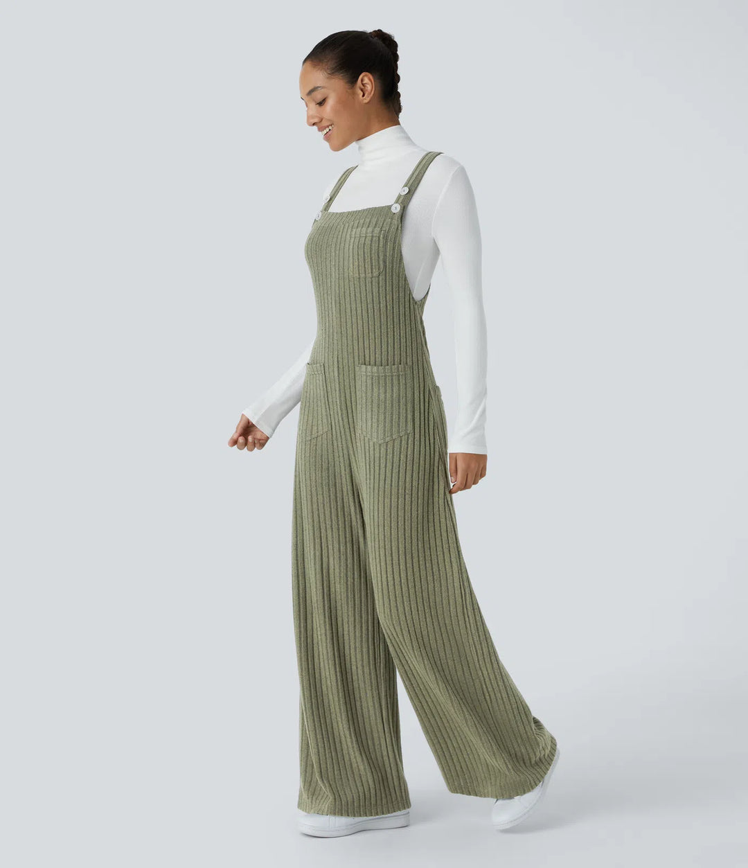 Ribbed Knit Pockets Fleece Casual Dungarees