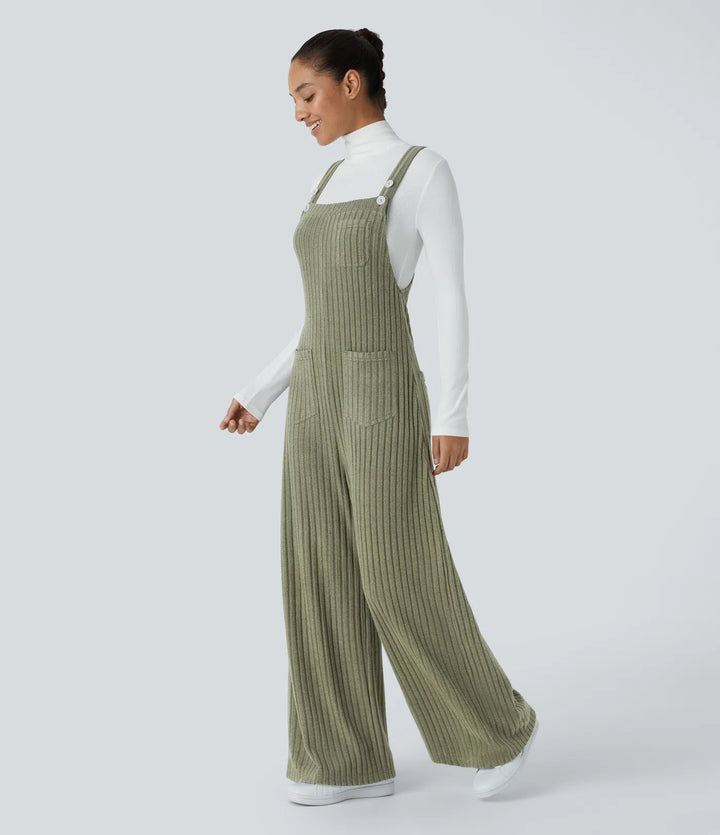 Ribbed Knit Pockets Fleece Casual Dungarees
