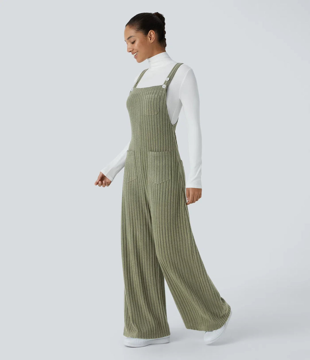 Ribbed Knit Pockets Casual Overalls