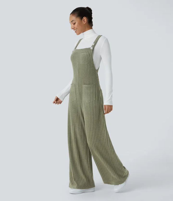 Ribbed Knit Pockets Fleece Casual Dungarees