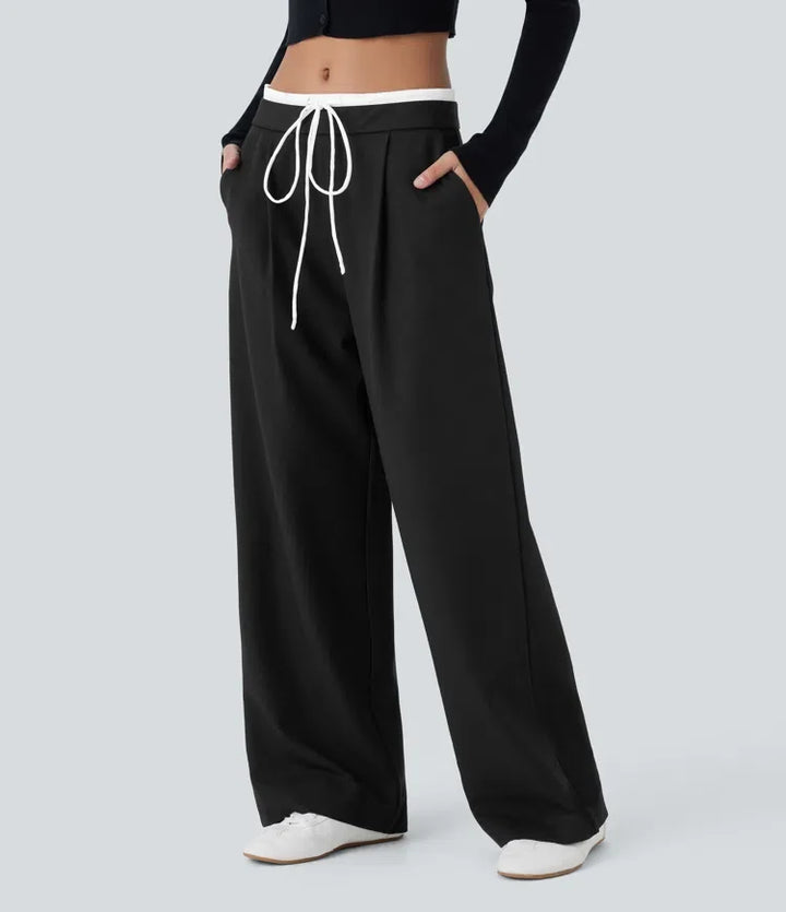 Double-Layer Color Block Low Rise Drawstring Pocket Wide Leg Casual Trousers