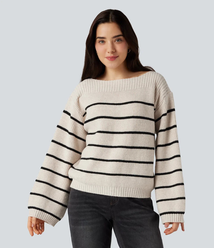 Boat Neck Long Sleeve Stripes Work Jumper