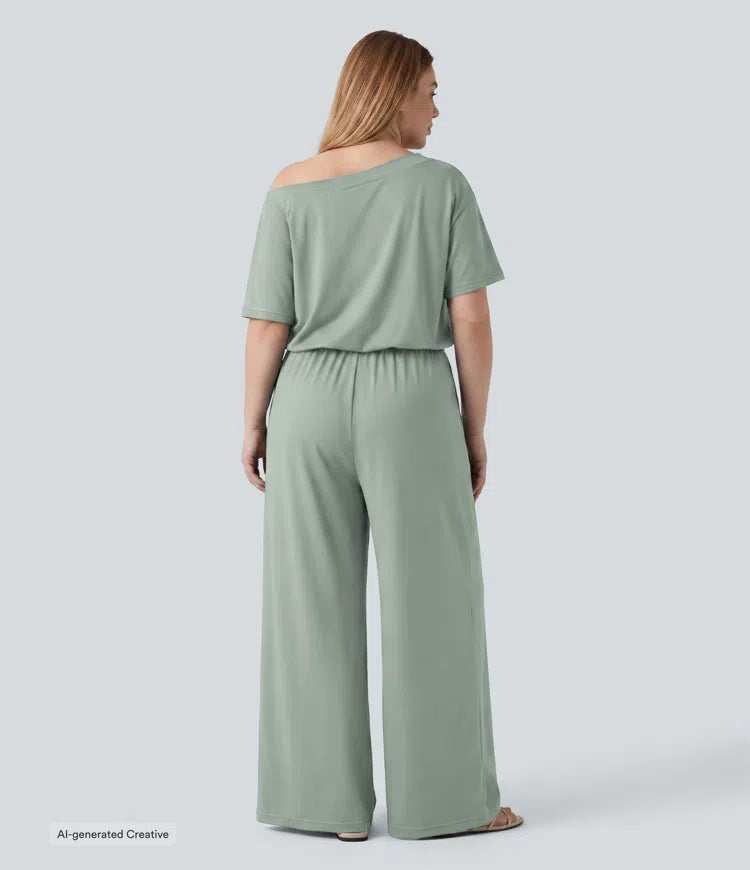 Plus Size Boat Neck Short Sleeve Drawstring Baggy Casual Jumpsuit with Pockets-Easy Peezy Edition