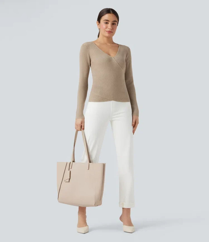 V-neck Long Sleeve Crossover Slim Work Jumper
