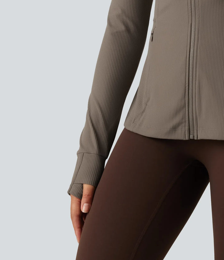 Ribbed Knit Stand Collar Long Sleeve Thumb Hole Yoga Jacket with Pockets