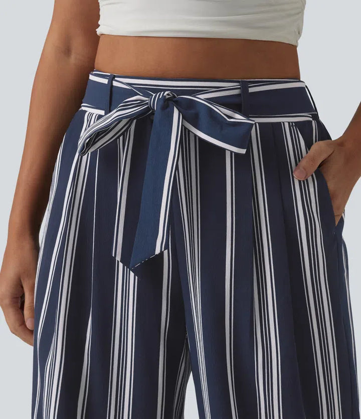 High Waisted Belted Stripes Resort Baggy Trousers with Pockets