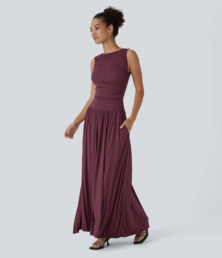 Ribbed Boat Neck Asymmetric Strap Ruched Side Pocket Flowy Maxi Casual Dress