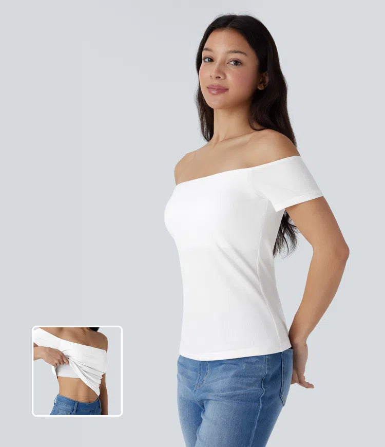 Ribbed Knit Off Shoulder Short Sleeve 2-in-1 Casual Top