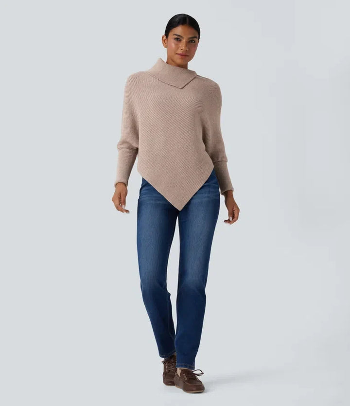 Turtleneck Batwing Sleeve Asymmetric Hem Casual Jumper