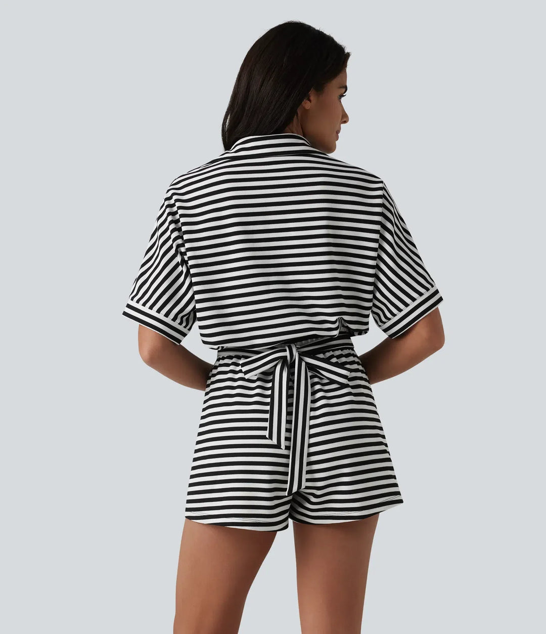 Half Sleeve Belted Stripe Waffle Casual Romper with Pockets-Easy Peezy Edition