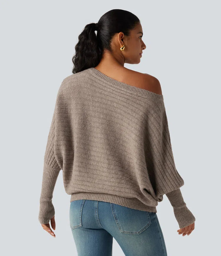 Boat Neck Batwing Long Sleeve Thumb Hole Casual Wool-Blend Jumper