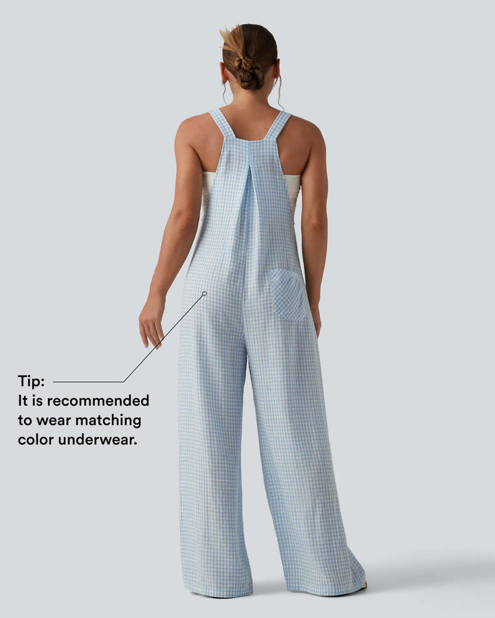 Plaid Casual Linen-Feel Dungarees with Pockets