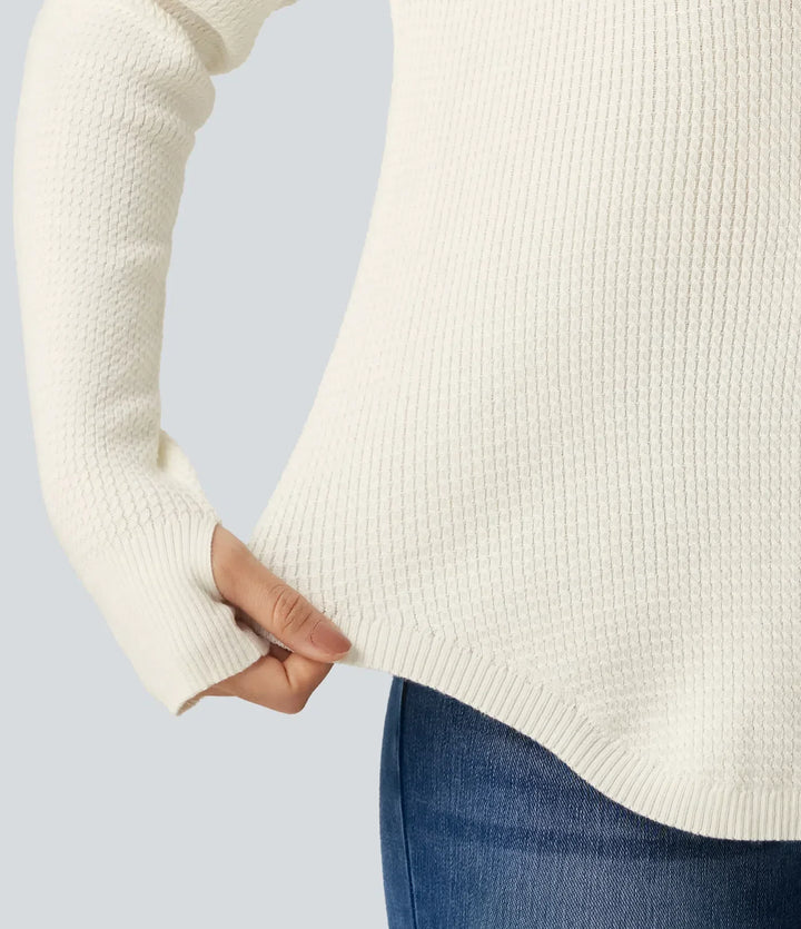Henley Neck Long Sleeve Thumb Hole Curved Hem Casual Jumper