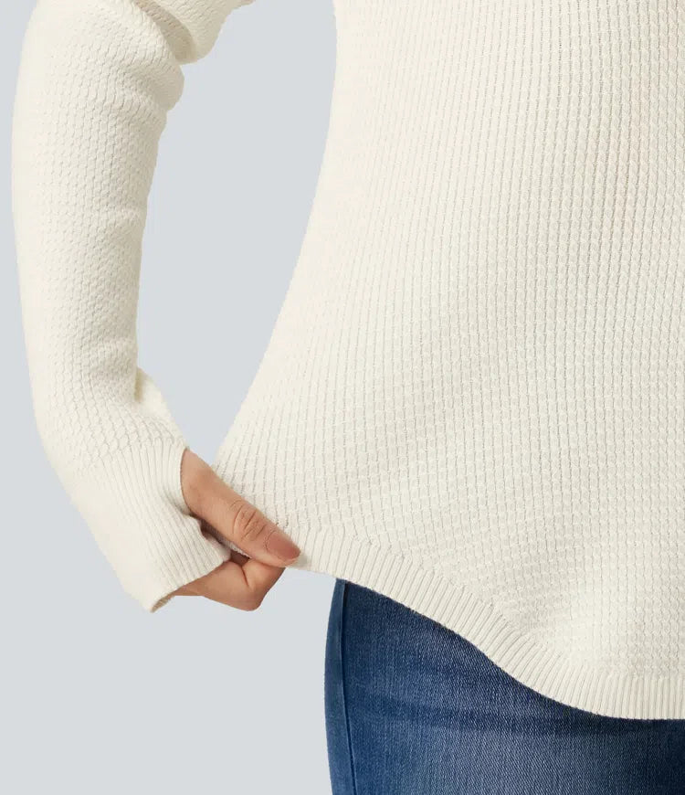 Henley Neck Long Sleeve Thumb Hole Curved Hem Casual Jumper