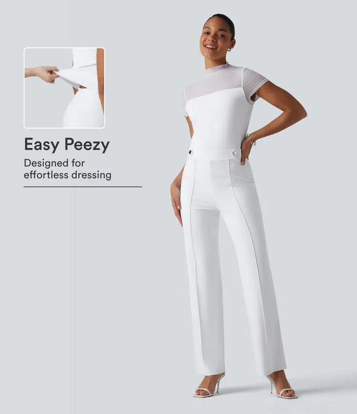 DayStretch Round Neck Short Sleeve Contrast Mesh Jumpsuit-Easy Peezy Edition