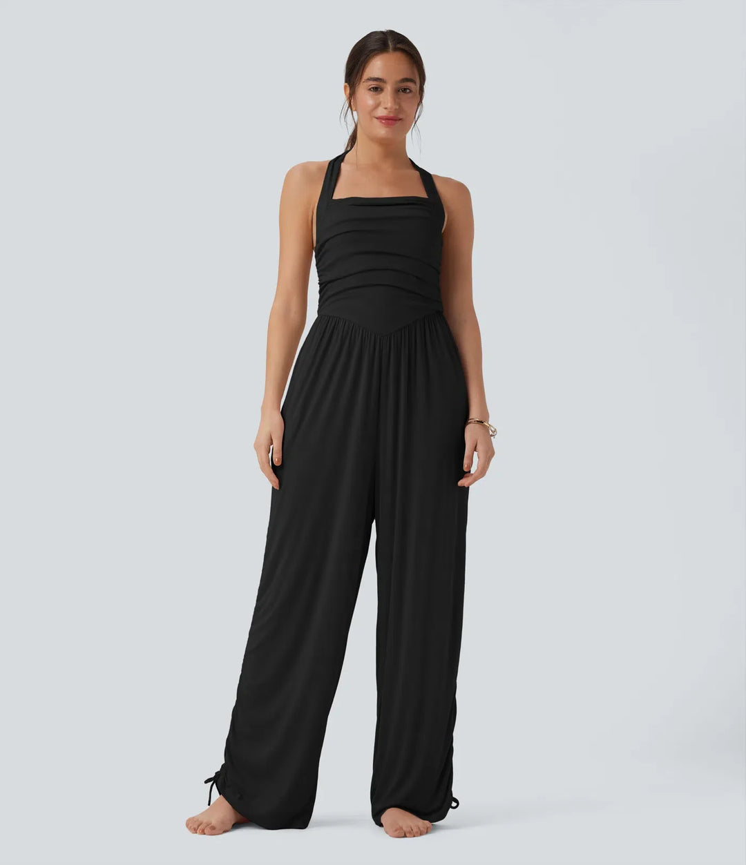 Ribbed Halter Tie Back Drawstring Resort Jumpsuit with Pockets