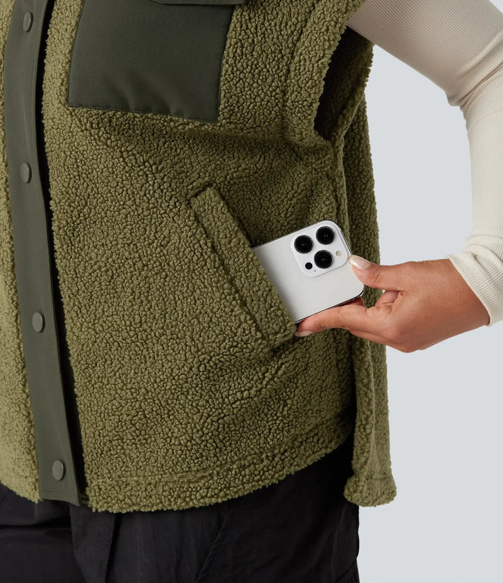Stand Collar Cap Sleeve Color Block Hiking Sherpa Vest with Pockets