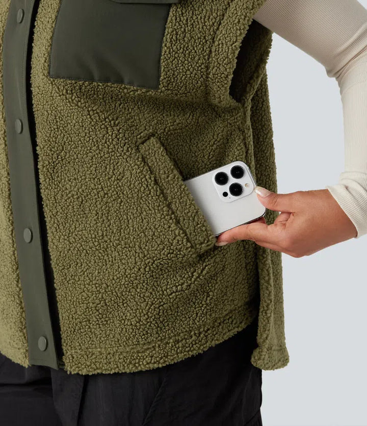 Stand Collar Cap Sleeve Color Block Hiking Sherpa Vest with Pockets