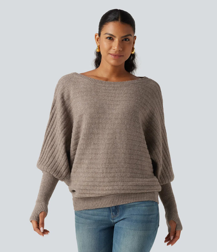 Boat Neck Batwing Long Sleeve Thumb Hole Casual Wool-Blend Jumper