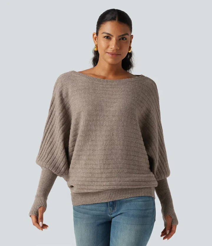 Boat Neck Batwing Long Sleeve Thumb Hole Casual Wool-Blend Jumper