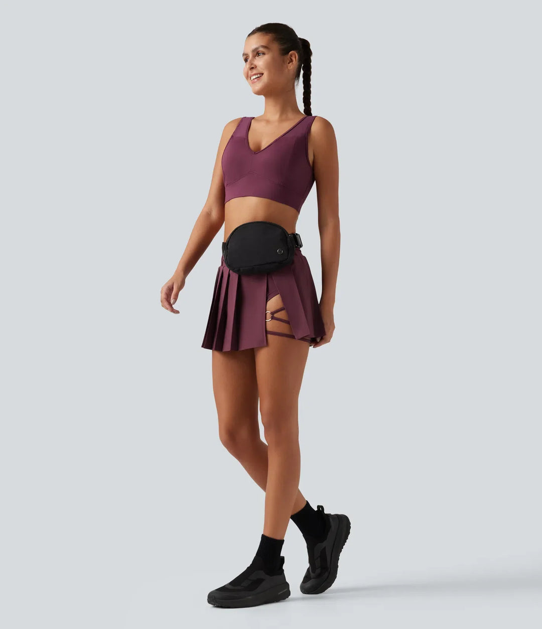 Breezeful Mid Rise Belted 2-in-1 Pleated Asymmetric Hem Quick Dry Micro Mini Dance Skirt with Pocket