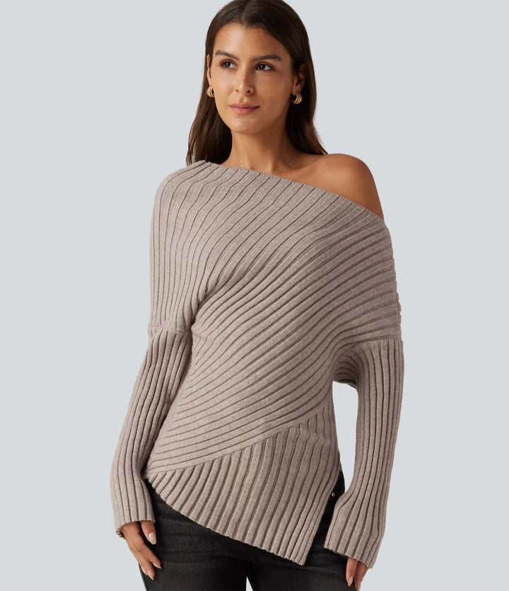 Ribbed Knit One Shoulder Long Sleeve Asymmetric Hem Casual Jumper