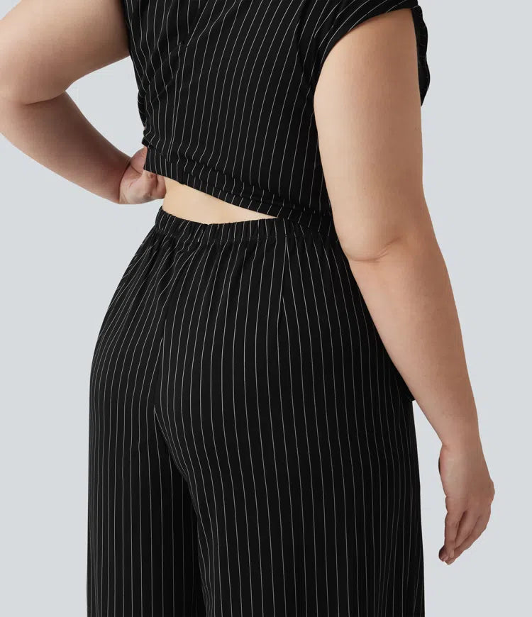 Plus Size Boat Neck Sleeveless Tie Side Cool Touch Stripe Work Jumpsuit with Pockets-Easy Peezy Edition