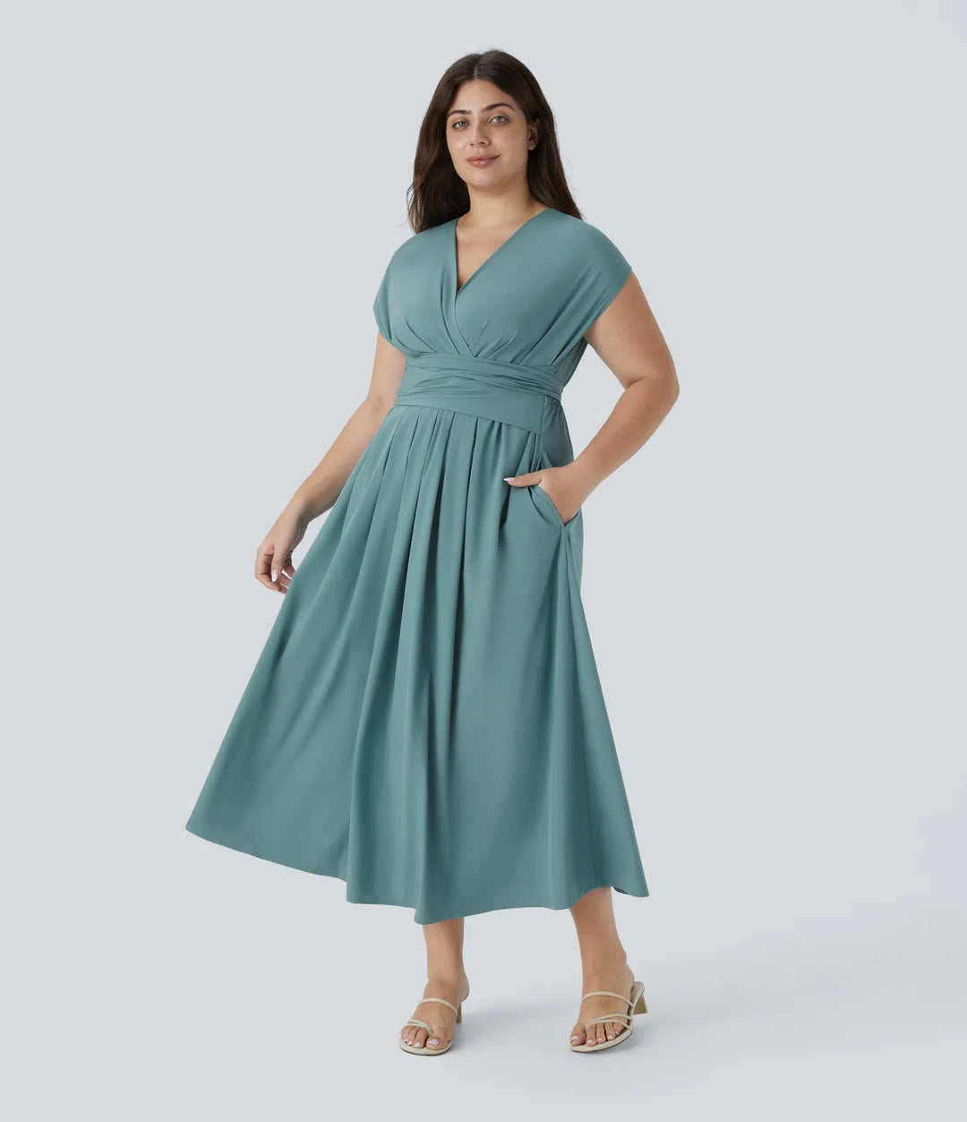 Breezeful V Neck Short Sleeve Side Pocket Tie Back Quick Dry Midi Casual Plus Size Dress