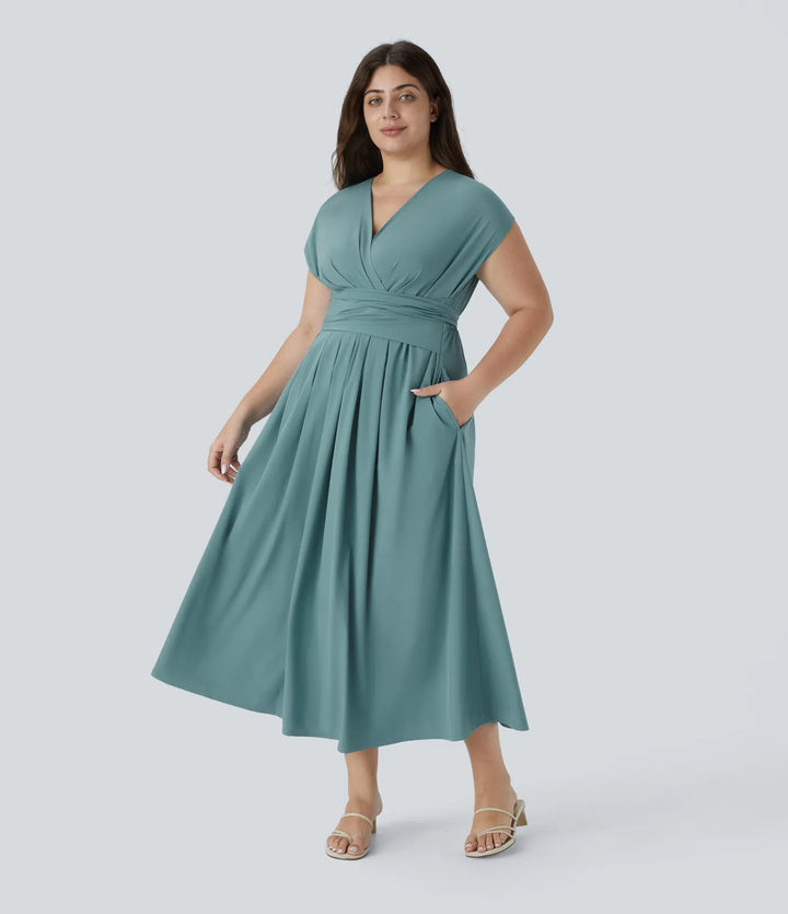 Breezeful V Neck Short Sleeve Side Pocket Tie Back Quick Dry Midi Casual Plus Size Dress