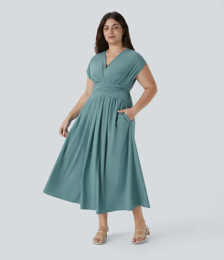 Breezeful V Neck Short Sleeve Side Pocket Tie Back Quick Dry Midi Casual Plus Size Dress