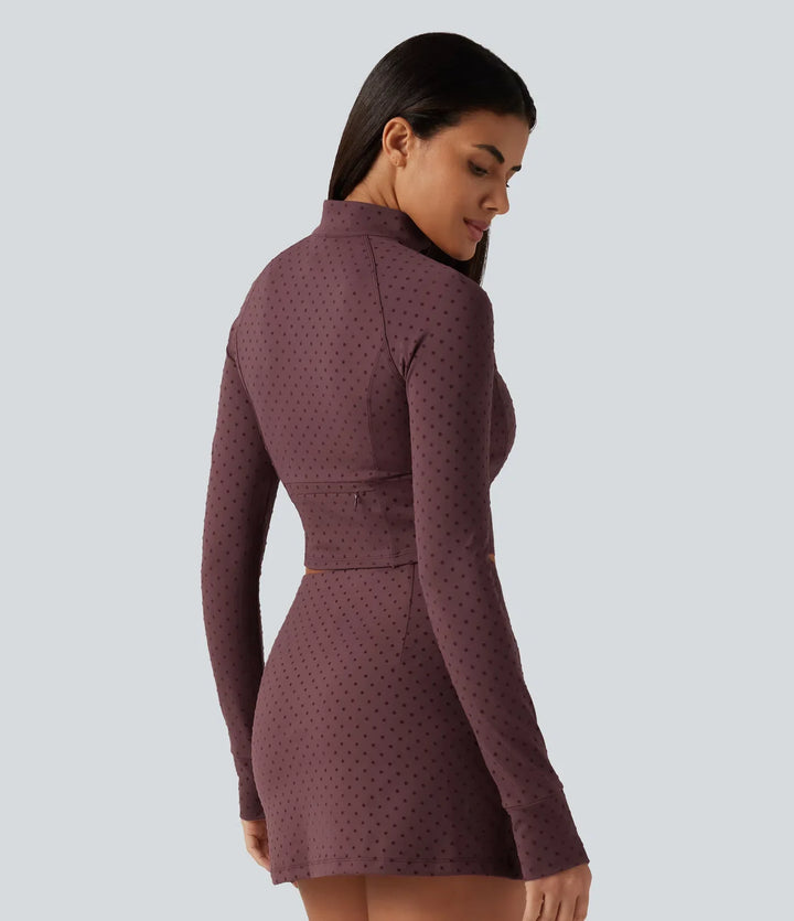 Stand Collar Long Sleeve Thumb Hole Polka Dot Velvet Yoga Jacket with Pocket