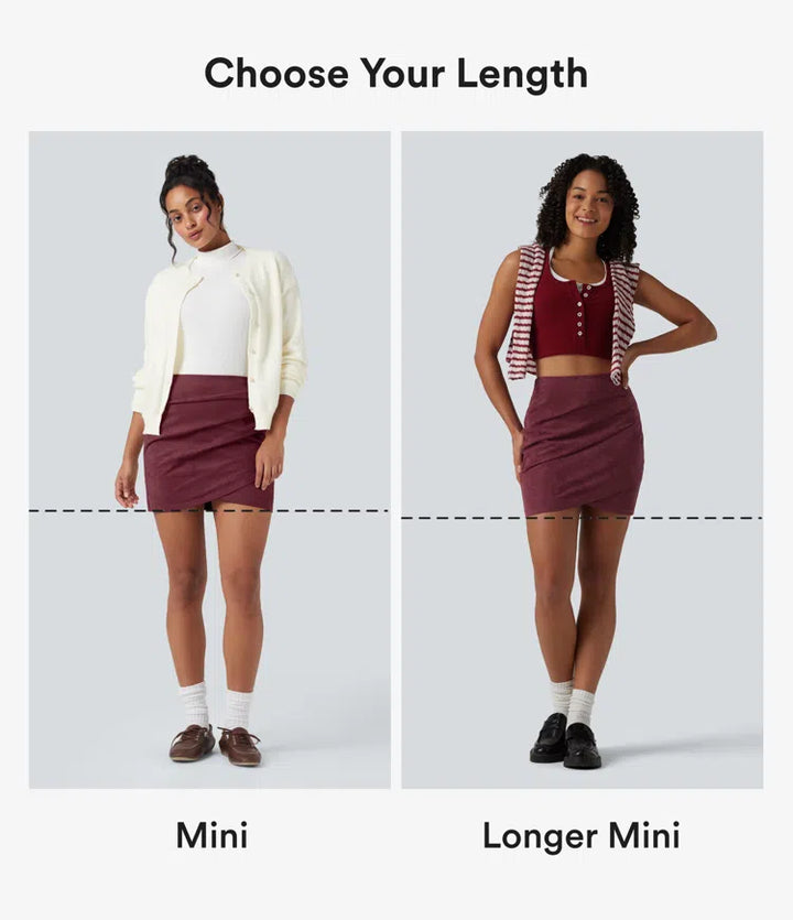 High Waisted Ruched Crossover Hem Bodycon Mini Suede Casual Skirt