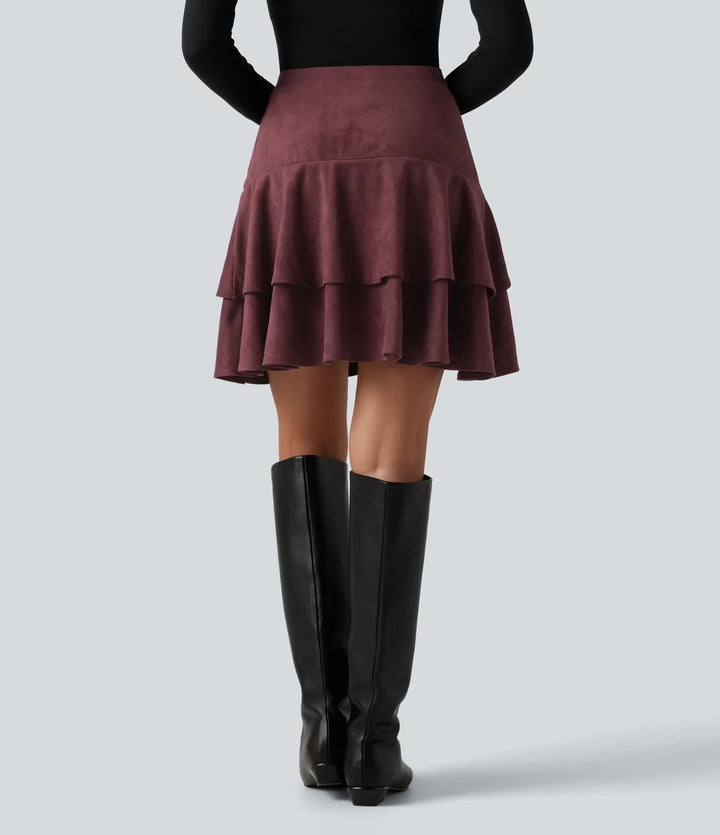 High Waisted Tiered Ruffle Hem 2-in-1 Longer Mini Suede Casual Skirt with Pocket