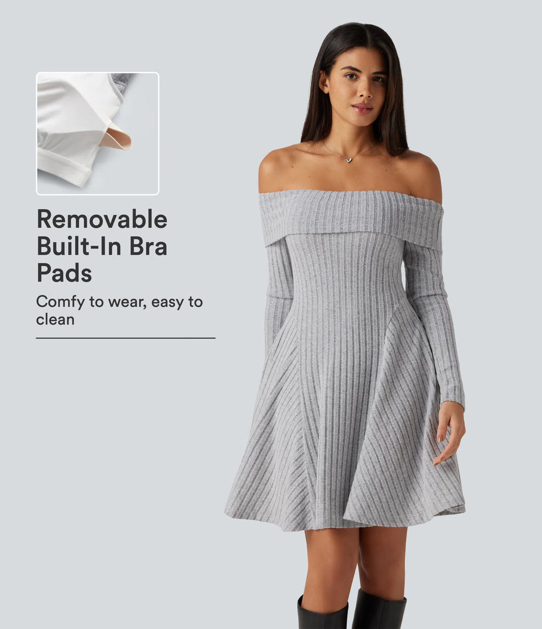 Ribbed Knit Off Shoulder Long Sleeve Built-in Bra Mini Casual Dress with Pockets