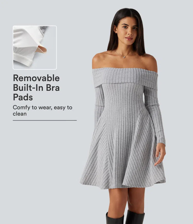 Ribbed Knit Off Shoulder Long Sleeve Built-in Bra Mini Casual Dress with Pockets