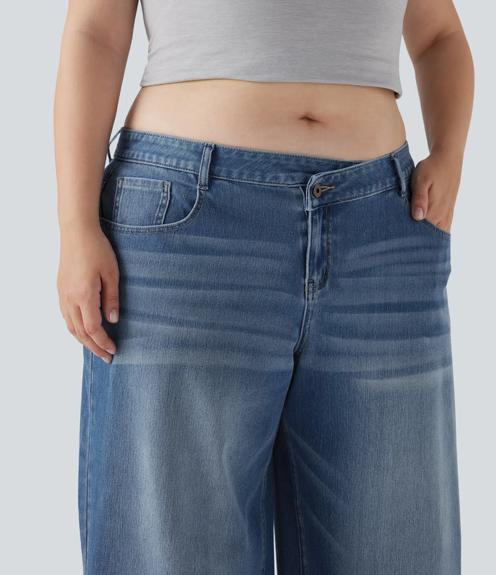 Plus Size Halara Flex Asymmetric Low Rise Wide Leg Washed Casual Jeans with Pockets