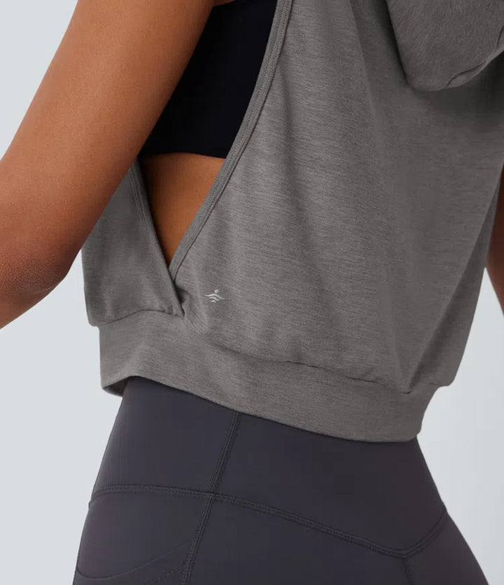Hooded Drawstring Sleeveless Cropped Running Tank Vest Top