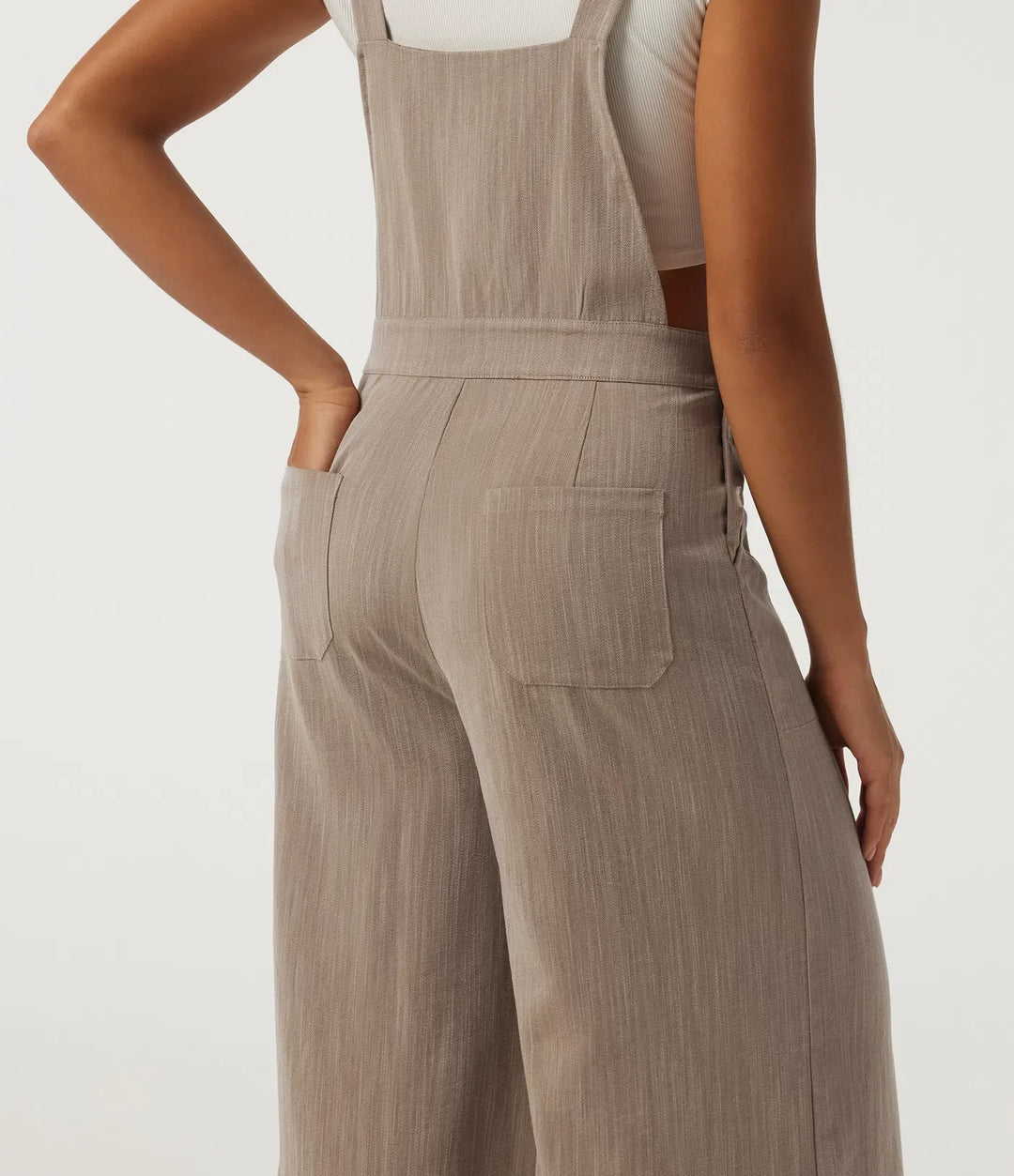 Square Neck Wide Leg Linen-Feel Casual Overalls with Pockets