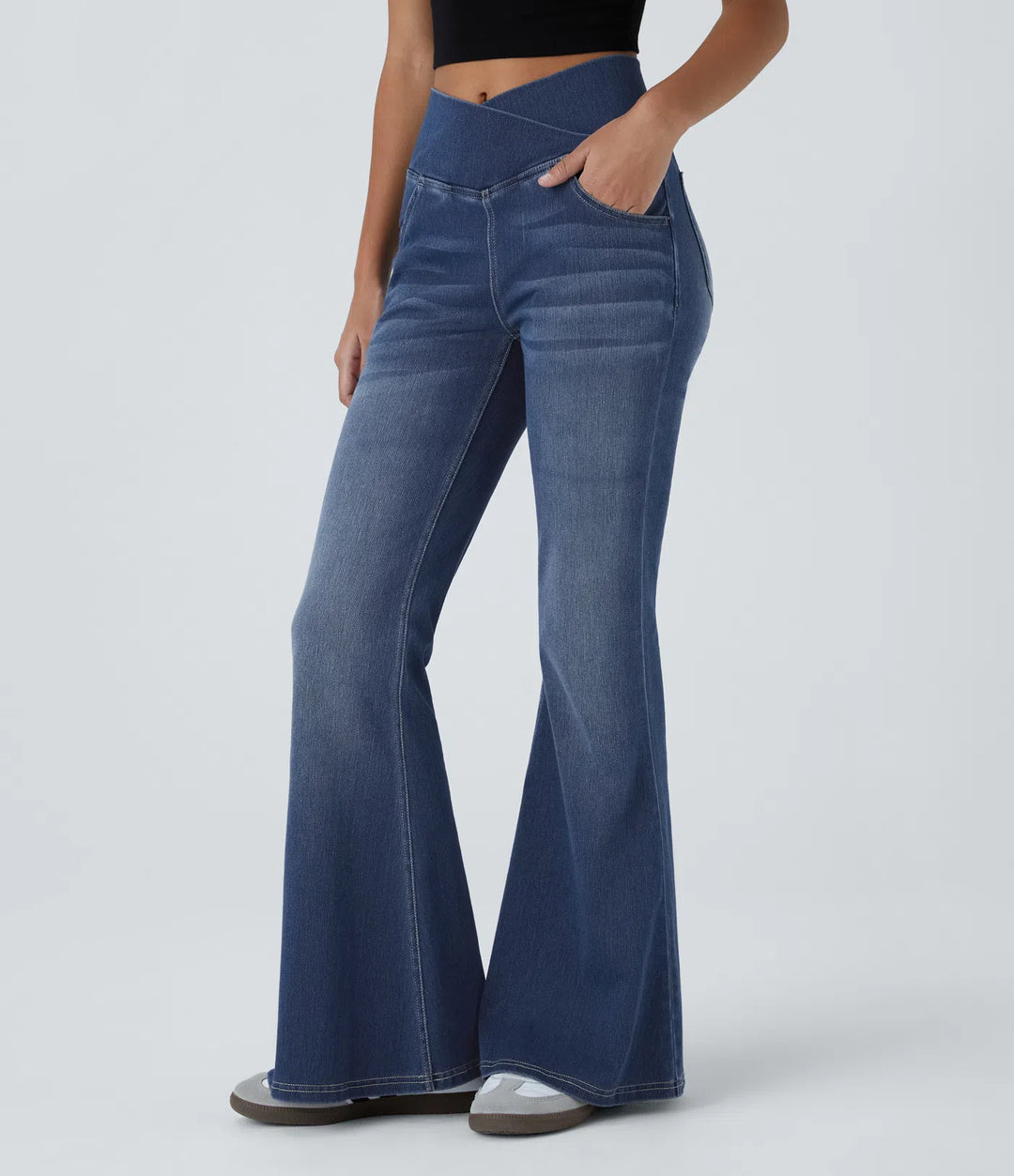Halara Flex High Waisted Crossover Pocket Washed Casual Flared Jeans